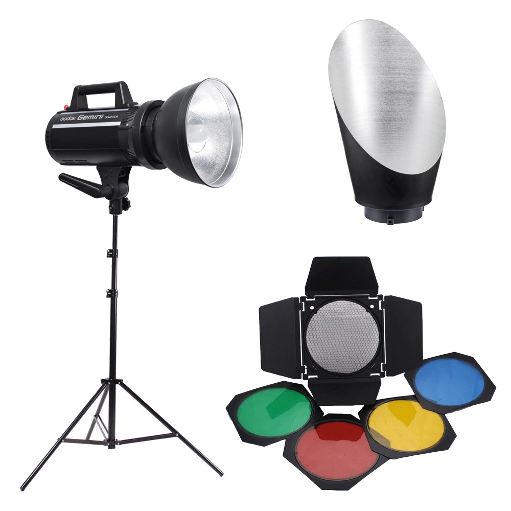 Godox GS200II Background Kit -studiosalama sisältää mustan stroboskooppivalon jalustalla, hopeisen heijastimen ja ladonporttisuodatinsarjan, jossa on punaisia, vihreitä, keltaisia ja sinisiä geelejä studiokuvaukseen.