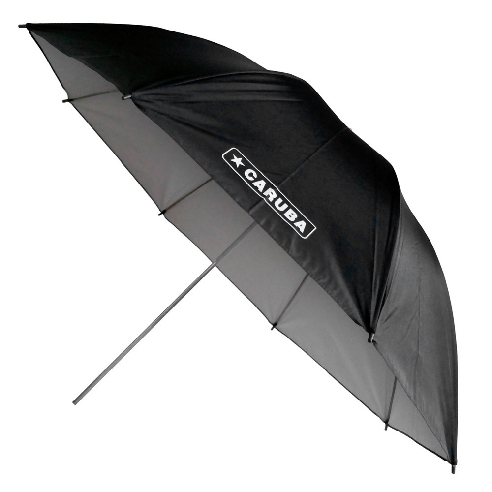 1637158234_785 Osittain avattu Godox MS300 Umbrella Kit -studiosalama, musta, hopeinen sisäosa ja metallivarsi, kuvattuna kulmasta.