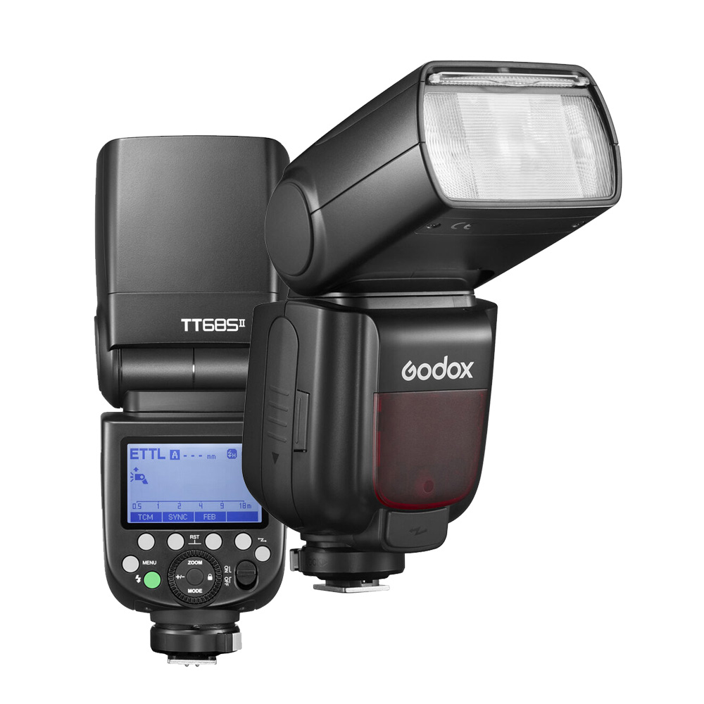 Two views of the Godox Starter BARDT Kit - Nikon battery-powered flash: the flash head on the front and the digital control screen and control buttons on the back.
