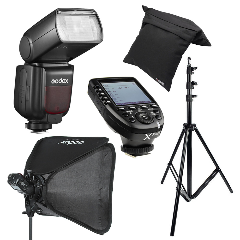 Godox Starter BARDT Kit for Olympus/Panasonic includes flash, wireless shutter release, softbox, black sandbag and black tripod, shown with white background.