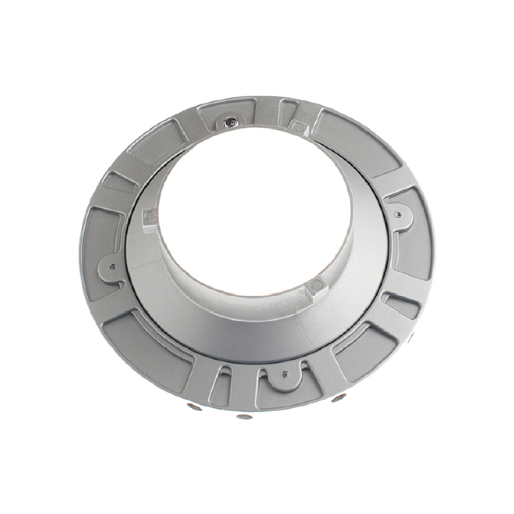 1651824547_002 Godox MS300 Ring Photo 15 Years Anniversary Kit -studiosalama sisältää hopeanvärisen, pyöreän metallikomponentin, jossa on keskellä reikä ja ulommat urat, kuvattuna ylhäältä päin valkoisella pohjalla.