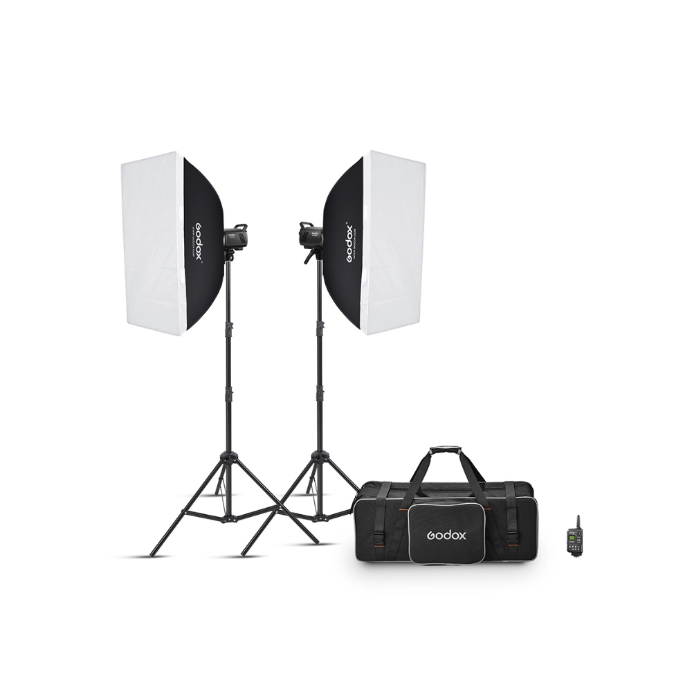 Godox MS200V F Dual Studio Flash Kit -studiosalama sisältää kaksi studiovaloa, joissa on softboxit säädettävillä jalustoilla, mustan Godox-kantolaukun ja kaukosäätimen, kaikki valkoisella pohjalla.