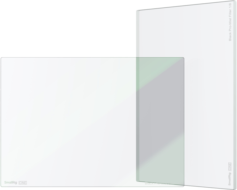 Two clear rectangular glass filters with green and grey shades are stacked on a white background. One is labeled SmallRig 4741 Cine Filter 4x5.65" Black Pro-Mist 1/8.
