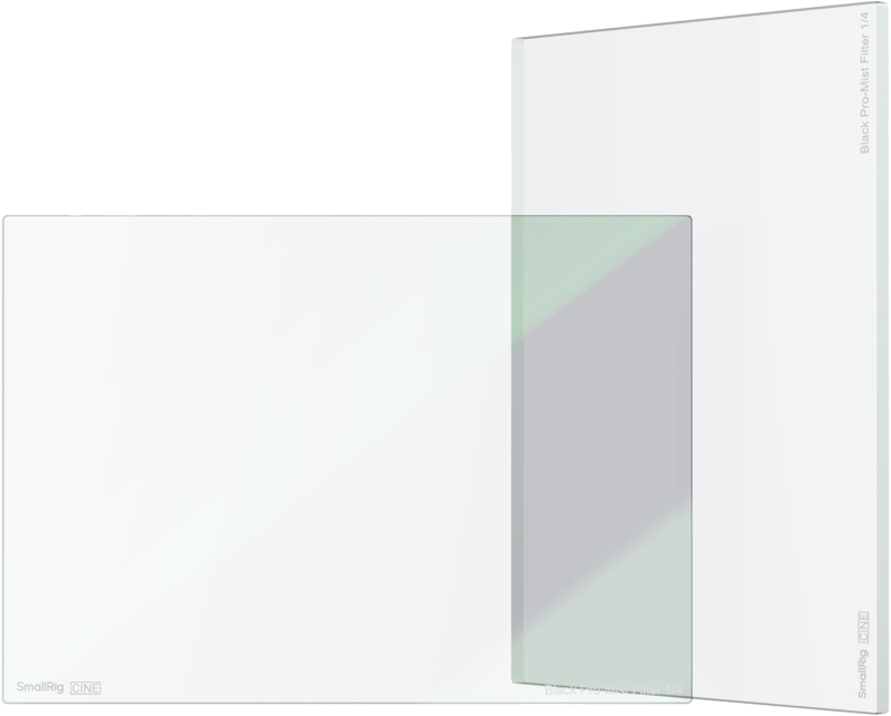 800q-01_128637 Two SmallRig 4740 Cine Filter 4x5.65" Black Pro-Mist 1/4 filters stand upright, slightly overlapping on a white background. Both are transparent, with a subtle branding at the corners.
