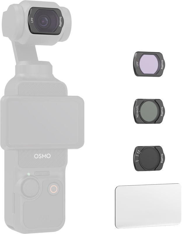 SmallRig 4776 -suodatinsarja DJI Osmo Pocket 3:lle on esitetty kameran kanssa, jossa on näyttö, kolme pientä linssisuodatinta ja suorakulmainen linssinsuojus, joka on järjestetty oikealle.