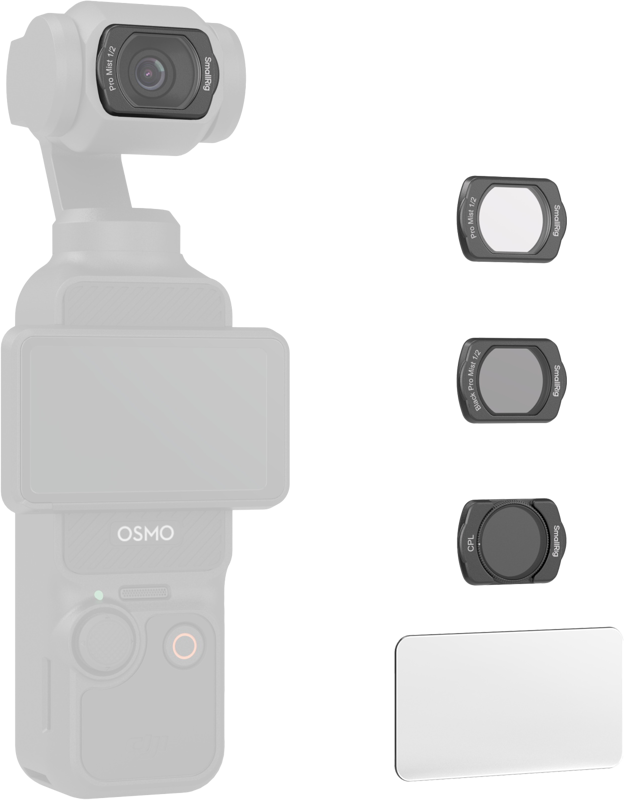 SmallRig 4775 Black / White Mist & CPL Filter Set for DJI Osmo Pocket 3 -suodatinsarja on esitetty gimbalin kanssa; lähellä on kolme linssisuodatinta ja suorakulmainen lasinen näytönsuoja, jotka on esitetty erikseen.