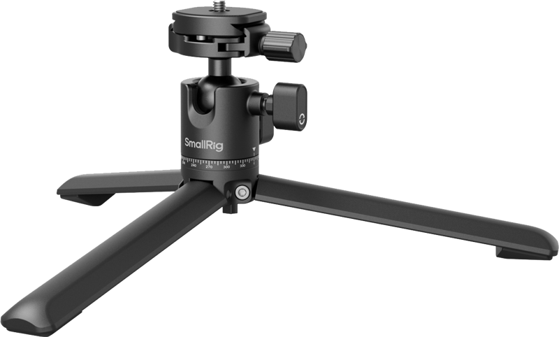 SmallRig 4630 -metallipöytäjalustassa, jossa on Arca-Swiss-pikavapautuslevy ja panoraamakuulapää, on kolme taitettavaa jalkaa, kuvassa mustana valkoisella pohjalla.