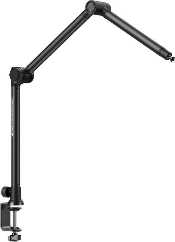 SmallRig 4324 Desk Overhead Photography / Live Streaming Bracket on säädettävä musta metallinen puomivarsi, jossa on puristinjalka työpöydän kiinnitystä varten.