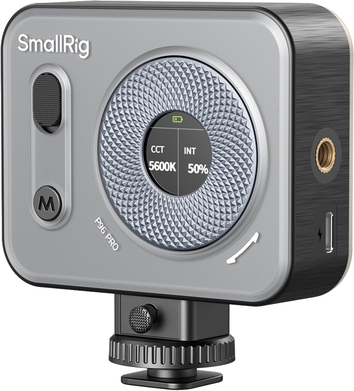 SmallRig 4660 Vibe P96 Pro mini LED video light, black, is a rectangular light with display (CCT 5600K, INT 50%), buttons, rotary knob, charging port and bracket for cameras or tripods.