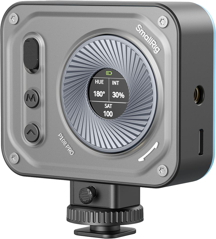 The grey SmallRig 4661 Vibe P108 Pro mini LED video light has a hue, intensity and saturation display, side adjustment buttons and is mounted on a cold shoe adapter.