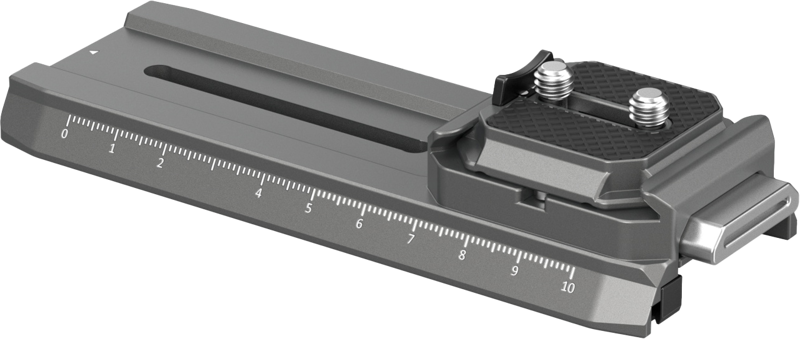 SmallRig 4638 HawkLock H38 Manfrotto Quick Release Plate for DJI Stabilizers -levyssä on metallirakenne, viivoitinasteikko, liukuva säätöaukko ja kaksi ruuvikiinnitystä kuvioidulla alustalla.