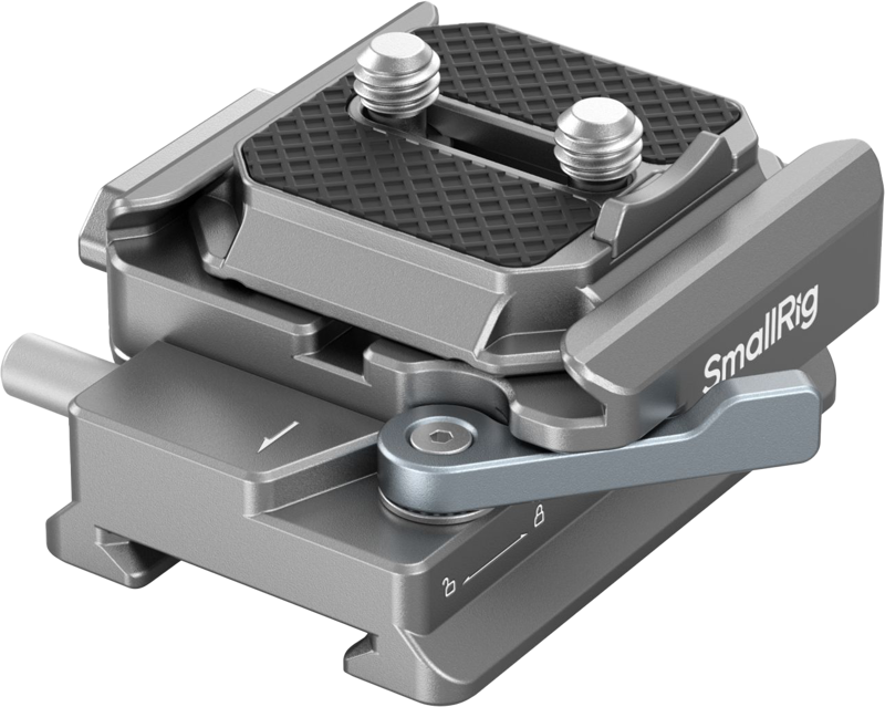 SmallRig 4639 HawkLock H38 Arca-Swiss Quick Release Plate for DJI stabilizers is a metal plate with a textured surface, two mounting screws and a locking lever for attaching cameras to tripods or tripod mounts.