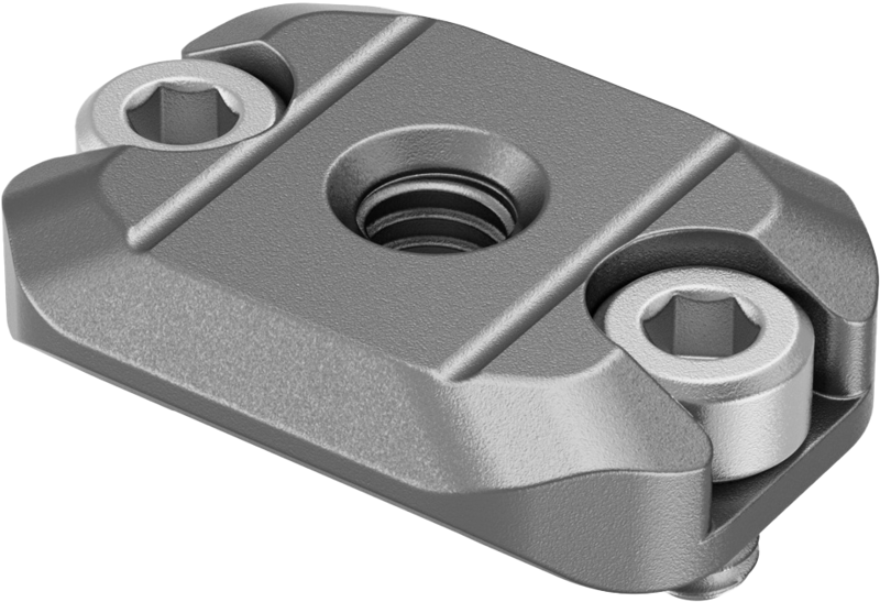 Lähikuva SmallRig 4640 HawkLock H21 Quick Release mini NATO Rail for DJI Stabilizers, jossa näkyy sen metallinen suorakulmainen muoto, jossa on viistetyt reunat, keskimmäinen kierteitetty reikä ja kaksi kuusioruuvia kummallakin puolella.