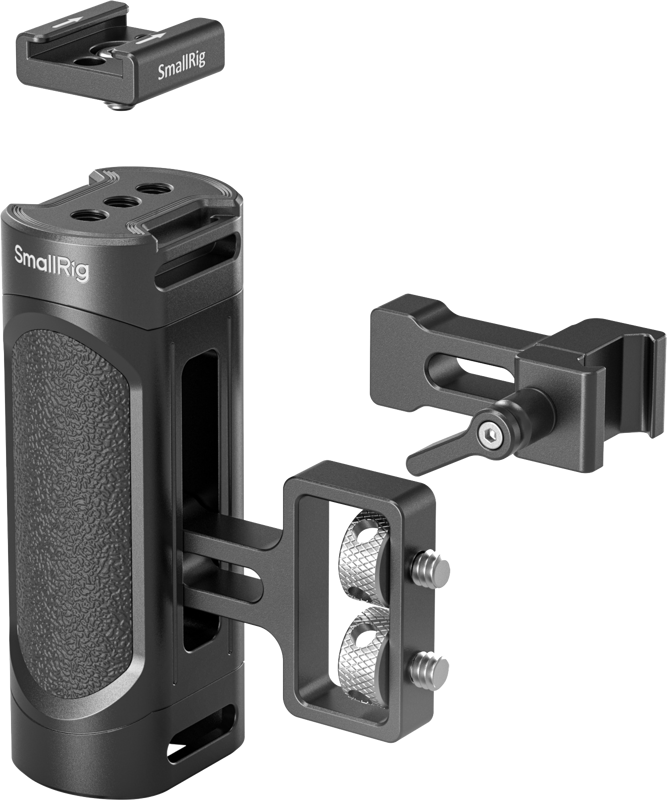 SmallRig 4816 Mini Side Handle Kit, jossa on musta metallikahva, jossa on kuvioitu kahva, on esitetty kahden metallisen kiinnitystarvikkeen kanssa - täydellinen kameran räätälöintiin ja turvalliseen kiinnittämiseen.