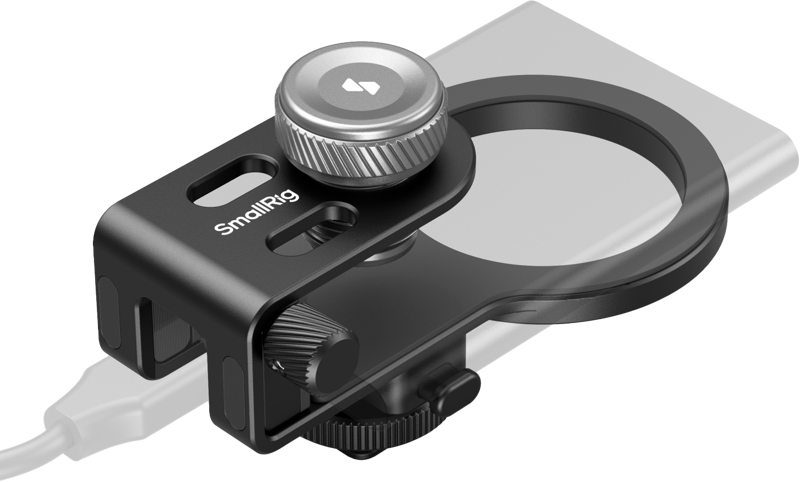 The black SmallRig 4779 Universal 2-in-1 SSD Clamp with silver knob attaches to the edge of the device and secures the cable. The clamp has multiple adjustment points for a secure fit.