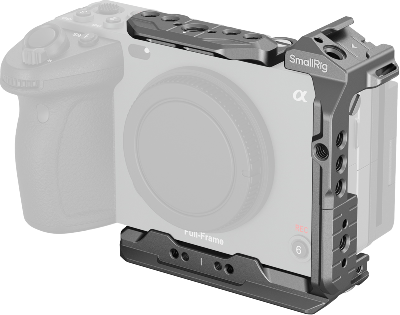 The SmallRig 4772 HawkLock Quick Release Half Cage for Sony FX3 / FX30 in black is mounted on a semi-transparent full frame Sony Alpha camera, with its mounting points and protective frame visible.