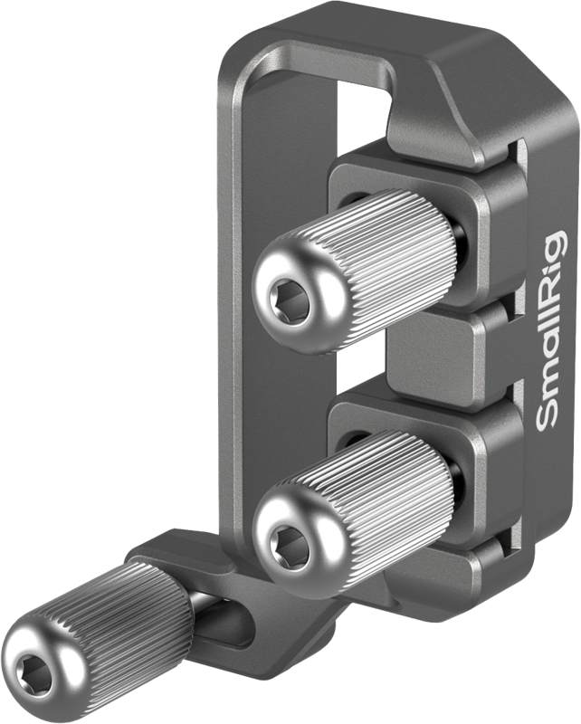 Close-up of the SmallRig 4829 USB-C & MULTI cable clamp for Sony FX3/FX30 HawkLock quick release cages, with three knobbly adjustment knobs and a compact, angled frame for secure attachment or adjustment of camera cables.