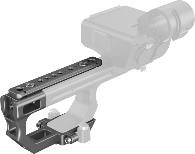 Close-up of the black and metal SmallRig 4830 Extension Mount Plate Kit attached to a semi-transparent grey Sony FX3/FX30 XLR handle.
