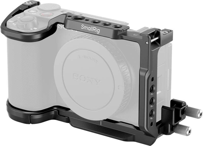 SmallRig 4867 Cage Kit Sony ZV-E10 II:lle on musta suojahäkki, jossa on kiinnityspisteet ja sivukahvat ja joka on suunniteltu tukemaan video- ja valokuvaustarvikkeita.