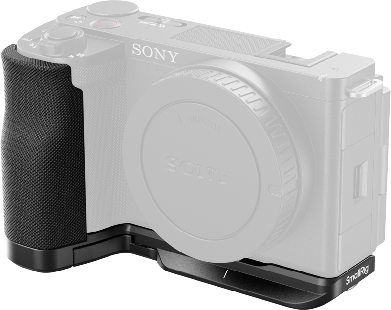 Close-up of a Sony ZV-E10 II camera with SmallRig 4778 L-shaped mounting plate with silicone grip, which emphasizes better grip and support when the camera body is faded to highlight the black mount.