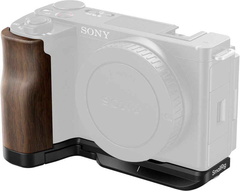 The Sony ZV-E10 II features the SmallRig 4864 L-shaped mounting plate with wooden handle, which is partially transparent to reveal accessories. The handle and plate are marked "SmallRig" to emphasise compatibility with Sony cameras.