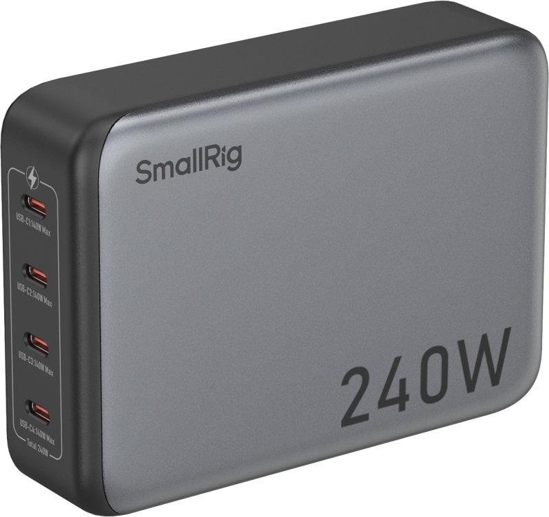 SmallRig 4752 240W 4-porttinen PD-virtalähde on kompakti, suorakulmainen laite, jonka sivulla on neljä USB-C-porttia, joissa jokaisessa on eri jännite- ja teholähdöt.
