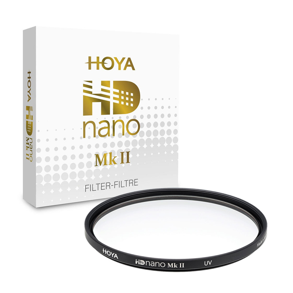 The Hoya HD NANO MKII UV 49mm UV filter is presented in front of its white retail box, embellished with a gold and grey branding. The round filter has a black border with the product name.