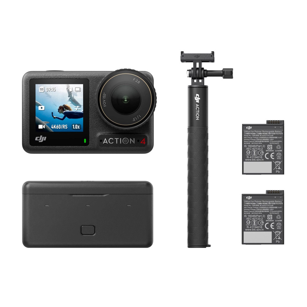 The DJI Osmo Action 4 Adventure Combo action camera with selfie stick, two batteries and charging case is shown on a white background.