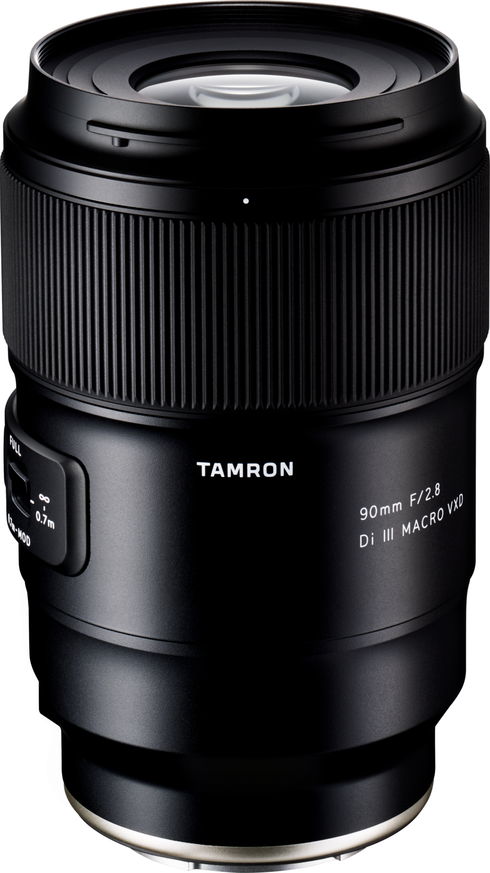 The Tamron 90mm f/2.8 Di III Macro VXD lens for the Sony E is shown upright on a white background, with the brand name and specifications clearly visible on the barrel.