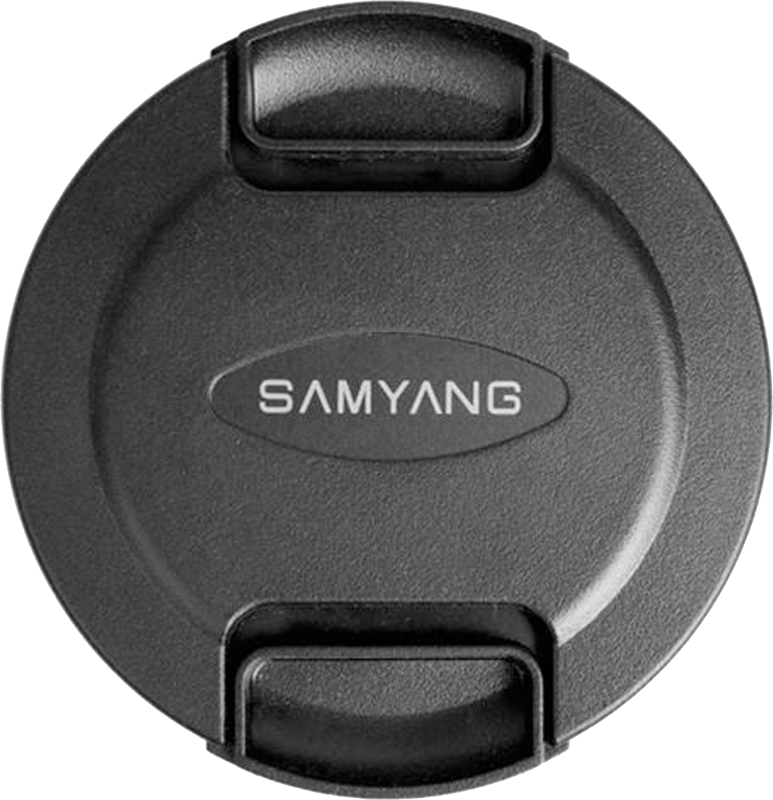 Samyang Front Cap for AF 35mm f/2.8 Sony FE (CF-40) on musta linssinsuojus, jossa on valkoisella "SAMYANG" painettu soikeaan keskelle, ja siinä on kaksi puristussalpaa turvallista kiinnitystä varten.