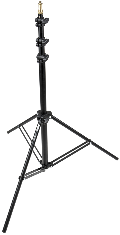 KUPO 028 Single Handed Stand is a black adjustable photo lamp stand with three legs, locking brackets and a metal mounting tip on a white base.