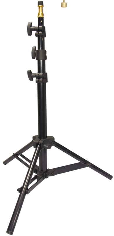 KUPO 033 Low Mini Kit Stand is a black adjustable tripod tripod stand with three legs and locking knobs for holding lighting fixtures, shown against a white background.