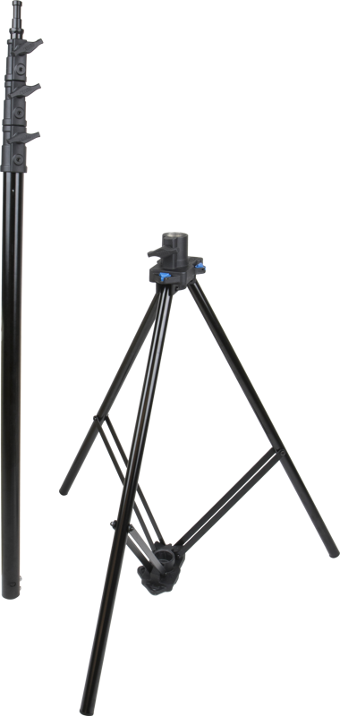 The KUPO 121 Click Stand with removable central column is shown open, with its adjustable black legs next to a separate vertical telescopic central column with locking brackets, both set against a white background.