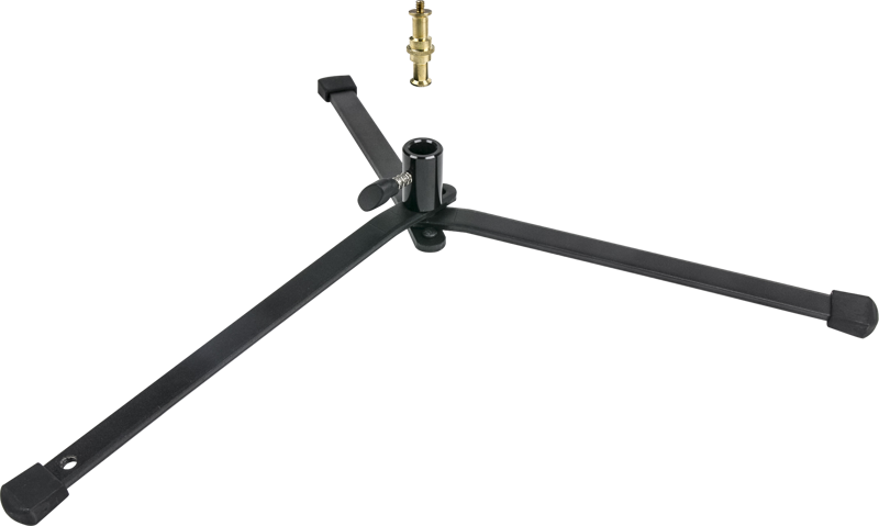 KUPO 013BS Backlite Base Stand, black tripod tripod stand with rubber feet, sits on a light base. Above it is a small brass mounting adapter for attachment.