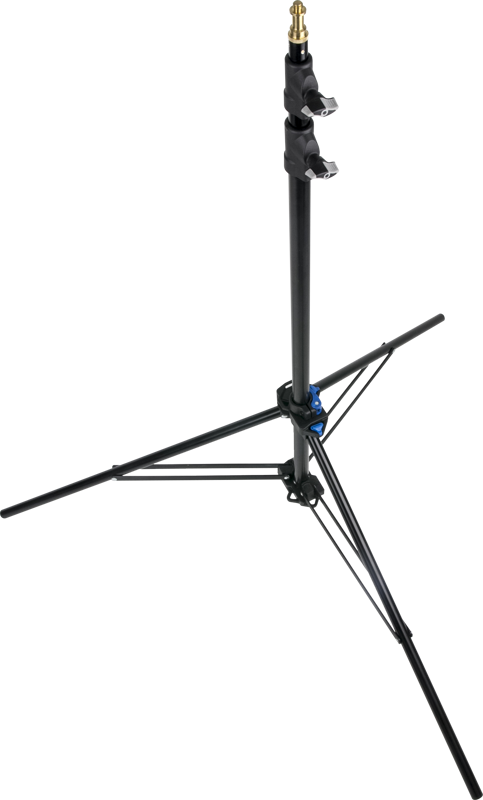 KUPO 080AC 8" Midi Click Stand with Air Cushion, black adjustable tripod stand with three extendable legs and a central rod to support lighting equipment, is presented on a plain, light-coloured base.