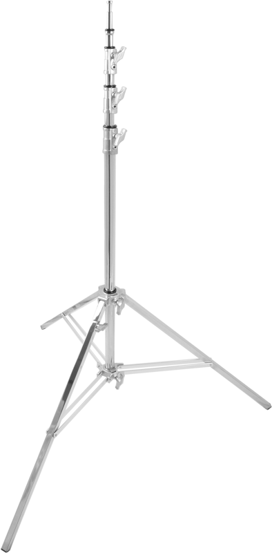 Kupo 155M High Baby Stand on korkea, hopeanvärinen metallijalusta, jossa on säädettävät jalat ja kiinnikkeet, ihanteellinen valojen tai laitteiden tukemiseen valokuvauksessa tai elokuvatuotannossa, kuvassa valkoisella pohjalla.