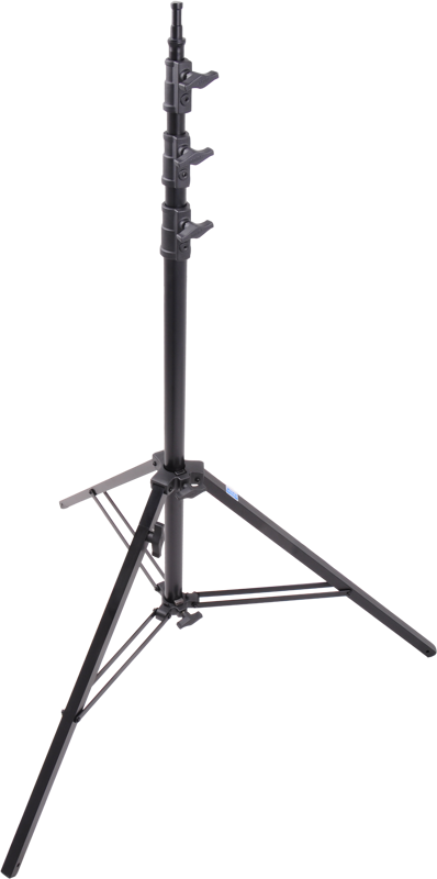 Kupo 195S Baby Kit Stand with Square Legs on musta säädettävä kolmella ulosvedettävällä jalalla ja useilla korkeussäätökiinnikkeillä varustettu kolmijalkainen jalusta, joka on ihanteellinen kameroiden tai valojen tukemiseen, kuvassa vaaleanharmaalla pohjalla.