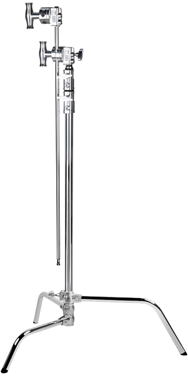 KUPO CL-20MK 20" Master C-Stand With Sliding Leg & Quick-Release - Silver Kit -jalustassa on tukeva jalusta ja säädettävät varret, jotka ovat ihanteellisia valaisulaitteiden tai lisävarusteiden turvalliseen pitämiseen valokuvaus- ja elokuvastudioissa.