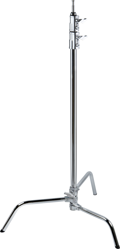 Kupo CL-40M 40" Master C-Stand With Sliding Leg & Quick-Release System - Silver on tukeva metallinen jalusta, jossa on korkea keskitanko ja kaksi jalkaa, ihanteellinen valaisimien tai laitteiden turvalliseen pitämiseen valokuvauksessa ja elokuvatuotannossa.