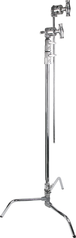 The silver-coloured Kupo CT-40MK 40" Master C-Stand with Turtle Base Kit is shown standing upright against a white background, with adjustable arms and sturdy feet for supporting lights or other photographic and film equipment.