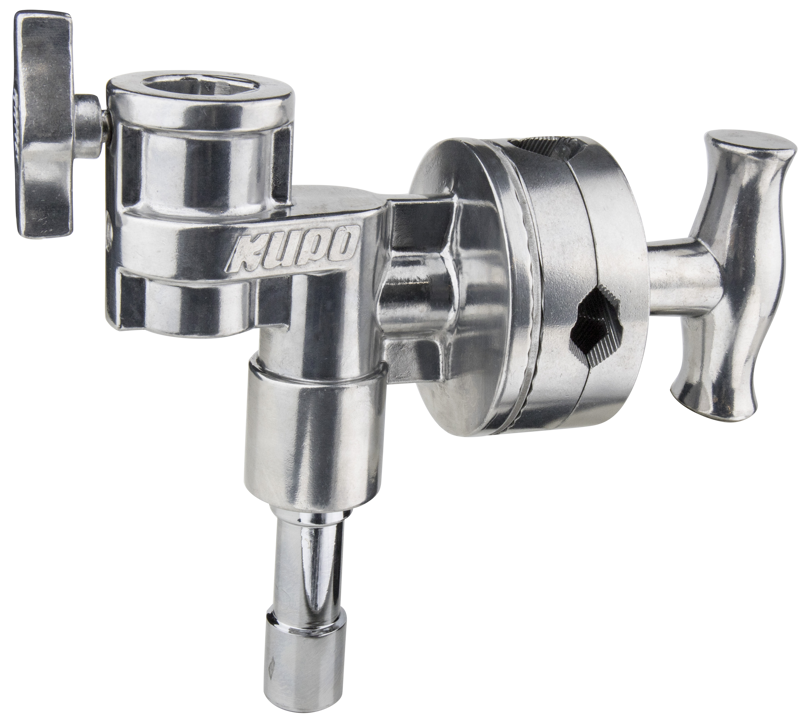 Kupo KCP-450 4-1/2" Grip Head with Junior Stud and Receiver on hopeanvärinen, kiiltävä metallipää valaisu- tai tartuntalaitteiden kiinnittämiseen valokuvauksessa ja elokuvissa, ja siinä on säädettävät nupit ja Kupo-tavaramerkki.
