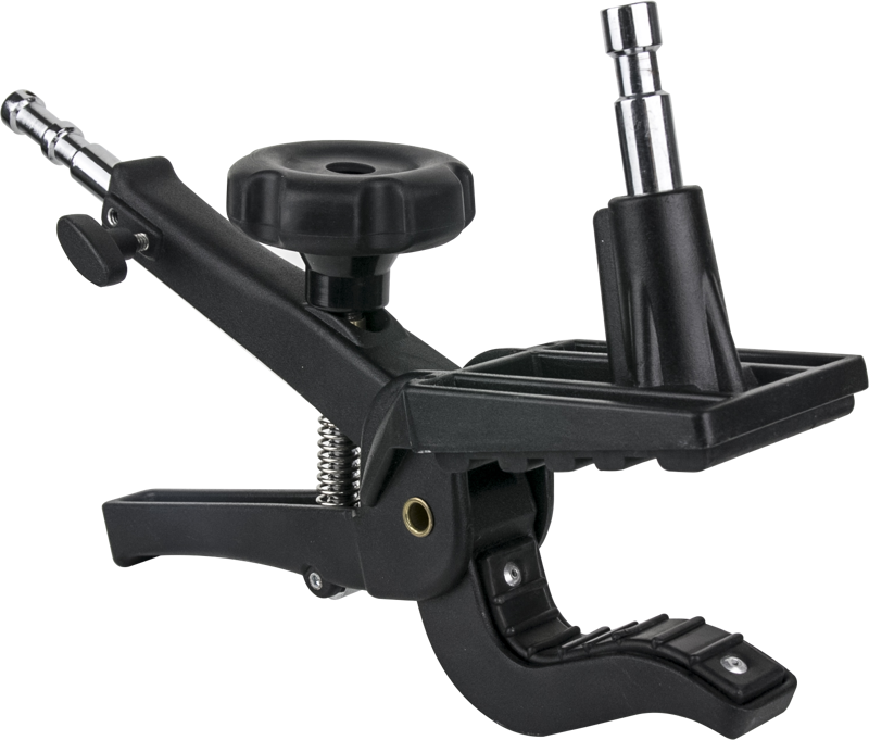 KUPO KCP-500 Large Gaffer Grip on musta metallinen puristin, jossa on kuvioitu kahva, säädettävä nuppi ja kiinnityssovitin laitteiden, kuten kameroiden tai valojen, kiinnittämiseen.