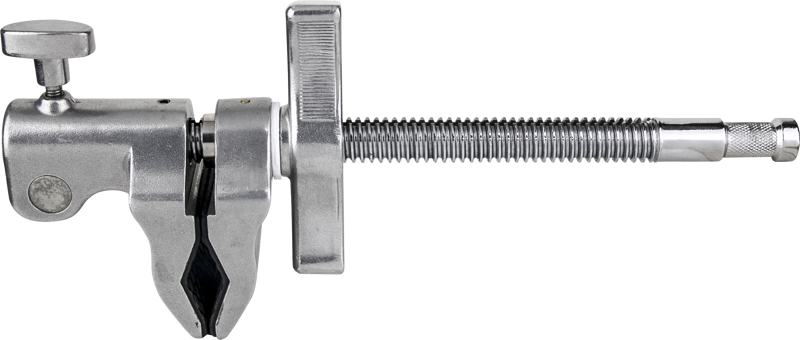 Kupo KCP-600 4" Super Viser Clamp on hopeanvärinen metallinen työkalu, jossa on ruuvimekanismi, puristimen kaltainen leuka, suuri nuppi ja harjattu kahva, jota käytetään esineiden turvalliseen paikallaan pitämiseen tai säätämiseen.
