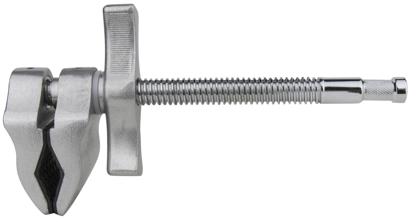 Kupo KCP-604 4" Super Viser Clamp End Jaw on hopeinen puristin, jossa on kierteitetty akseli, kääntyvä kahva ja kaksi leukaa, jotka on suunniteltu hammaspyörien tai laakereiden tarttumiseen ja irrottamiseen koneista.