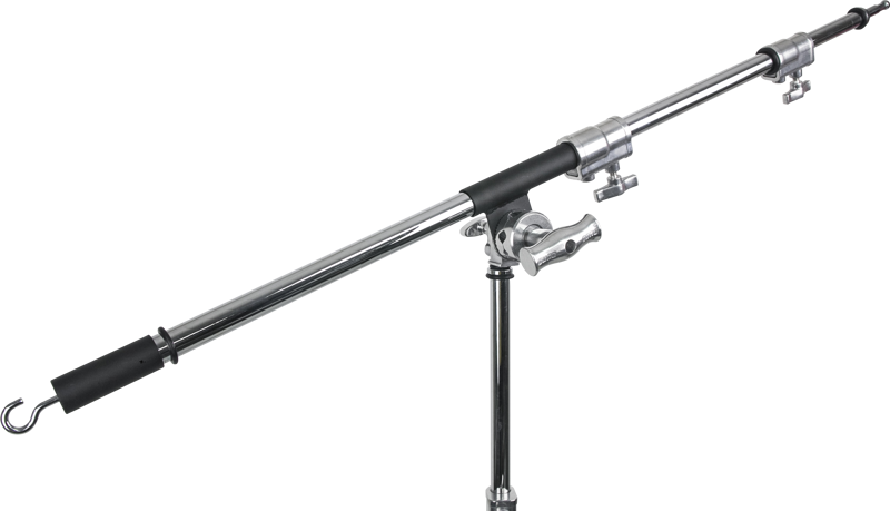 KUPO KCP-640M Baby Boom - Steel on kromattu puomivarsijalusta, jossa on säädettävät kiinnikkeet ja kahvat, koukku toisessa päässä ja joka kiinnitetään pystysuoraan tukipylvääseen.