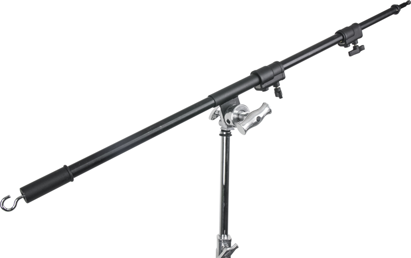 The KUPO KCP-641B Aluminum Baby Boom is a black adjustable boom arm with metal joints and brackets, mounted on a chrome plated stand, ideal for holding lights or microphones.