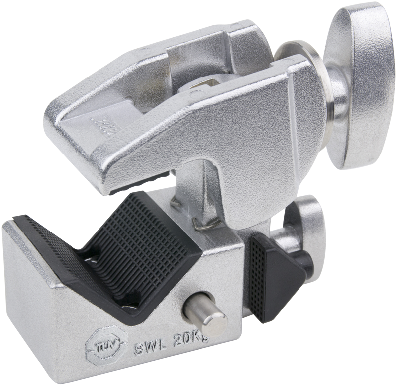 Lähikuva hopeanvärisestä KUPO KCP-700 Convi Clamp -puristimesta, jossa on kuvioidut mustat kumikahvat ja ruuvikahvat, jotka on suunniteltu esineiden turvalliseen kiinnittämiseen vankalla, teollisella ilmeellä.