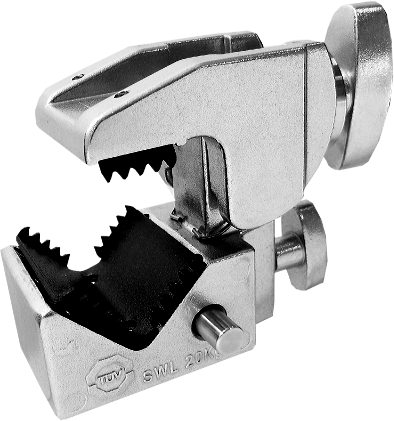 KUPO KCP-701 Convi Clamp w/Teeth - Silver -puristimessa on hammastetut leuat, säätöruuvit ja vankka kulmikas runko, jossa näkyy sen turvallinen tartuntamekanismi ja lukitusominaisuudet.