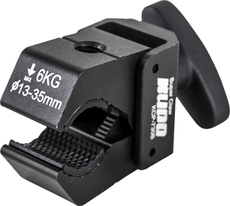 Close-up of the KUPO KCP-730B Super Claw clamp, a black metal clamp marked "6KG Max, Ø13-35mm" with a brushed grip and large handle for holding camera equipment and other objects securely.