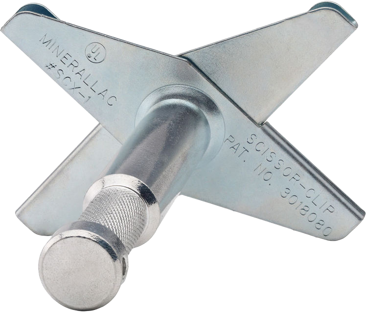 Kupo KD-CM16P Baby Drop Ceiling Adapter 5/8" on metallinen kääntöankkuri, jossa on jousikuormitetut siivet ja kierrepultti esineiden kiinnittämiseen onttoihin seiniin, ja siinä on valmistajan tiedot ja patenttinumerot.